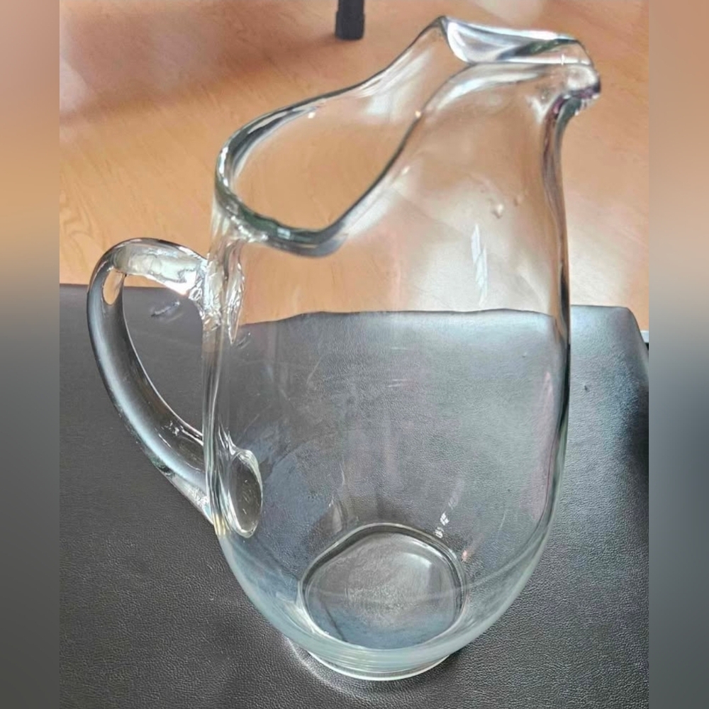 French Rolled Style Vintage Heavy Crystal Glass Pitcher approx 10" x8" x 6"